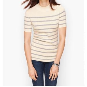 Talbots mock neck button shoulder metallic stripe ivory silver top sz M